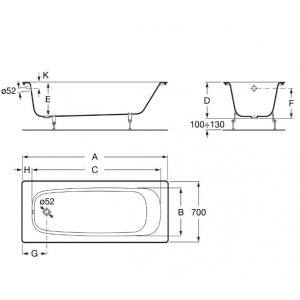 Комплект ванна чугунная Roca Continental 170x70 с системой слив-перелив и ножками 21290100R-Set
