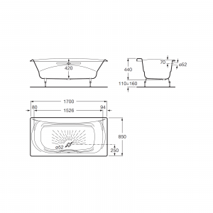 Комплект ванна чугунная Roca Akira 170х85 с ручками, системой слив-перелив и ножками 2325G000R-Set